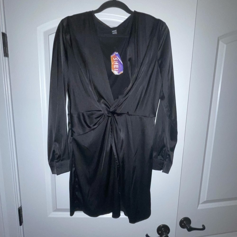 Slit black silk dress